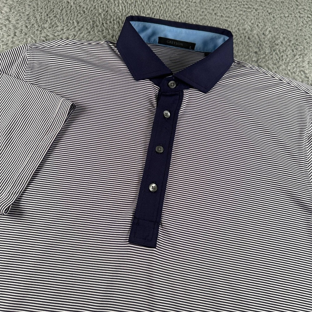 Greyson Polo Shirt Mens L‎ Costa Palmas Golf Striped Navy White Performance